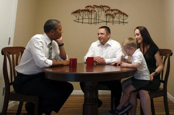 U.S. President Barack Obama meets with the McLaughlins at their home in Cedar Rapids