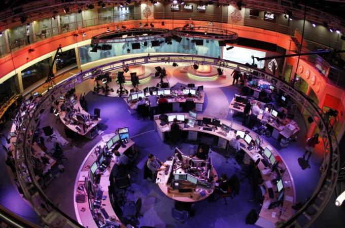 A general view shows the newsroom at the headquarters of the Qatar-based Al Jazeera English-language channel in Doha