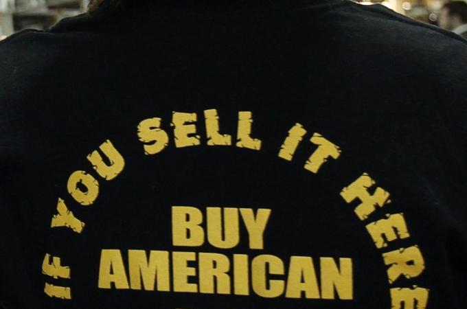 General Motors auto product launch assembly worker Borgerbing wears a ''Buy American Buy Union