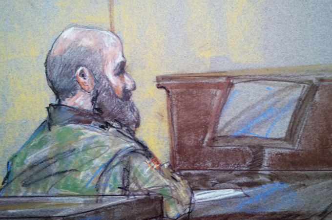 U.S. Army psychiatrist Major Nidal Hasan is pictured in court in Fort Hood, Texas in this court sketch