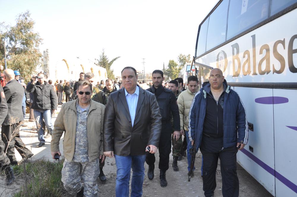 <p>The mayor of Homs, Talal al-Barazi, prepares to welcome the first batch of civilians evacuated from the old city of Homs.</p>