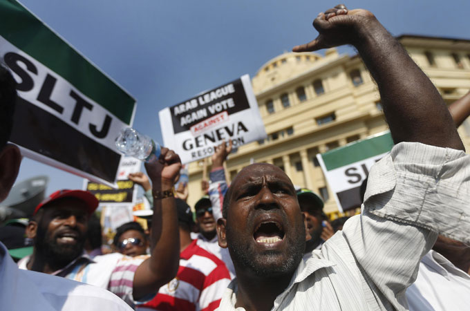 Supporters of the government have protested in Colombo against the UN resolution [Reuters]
