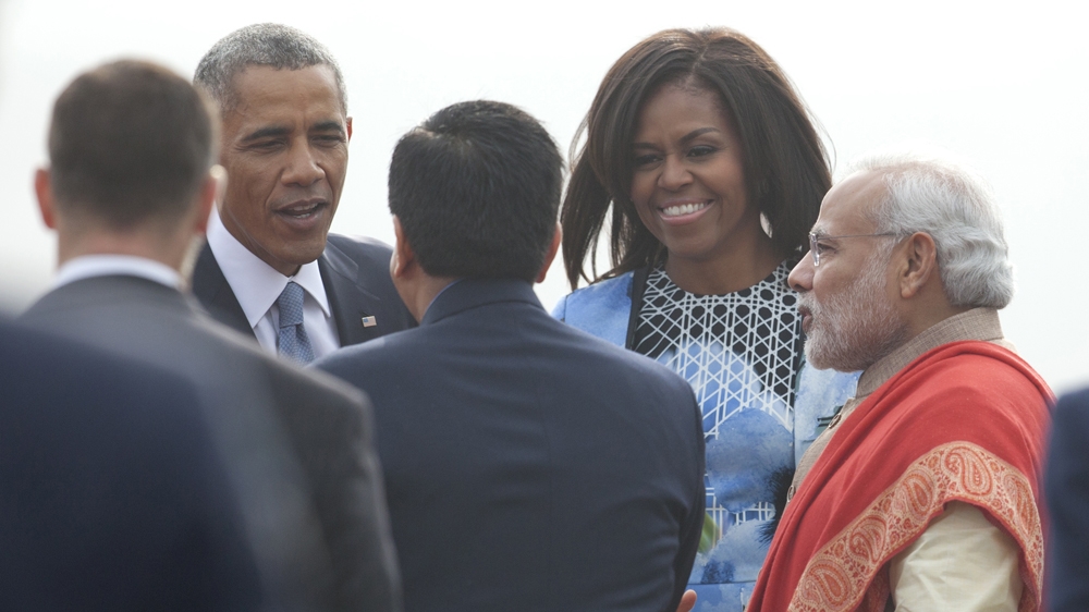 President Barack Obama meets Indian Prime Minister Narendra Modi in Palam, India