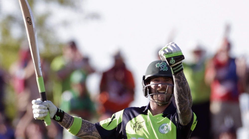 Ireland''s Mooney celebrates hitting the winning runs as they beat the West Indies for the first time in their Cricket World Cup match in Nelson