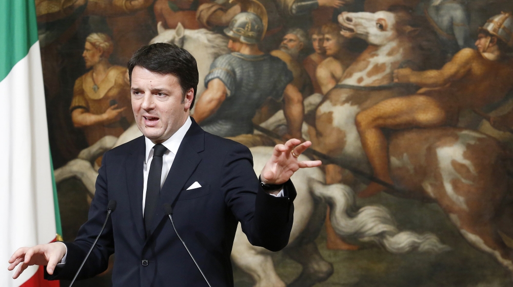 Italian Prime Minister Renzi talks during a news conference with his Greek counterpart Alexis Tsipras at Chigi palace in Rome