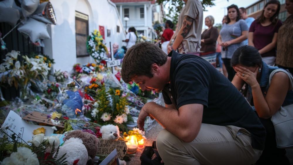 Messages at the church entrance covered white banners reading 