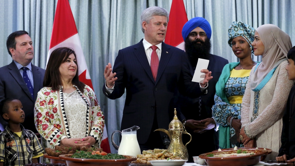 Canada''s Prime Minister Stephen Harper speaks before the start of the Iftar (breaking of fast) meal during an event celebrating Ramadan at Harper''s official residence in Ottawa