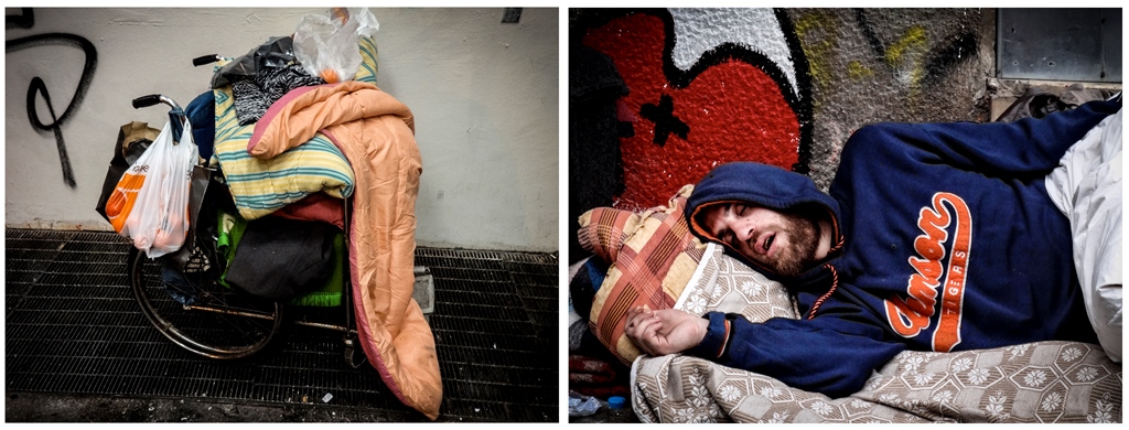 On the left: things collected by a homeless man. On the right: a homeless drug addict sleeping on the street. Athens, Greece [Matina Pashali]