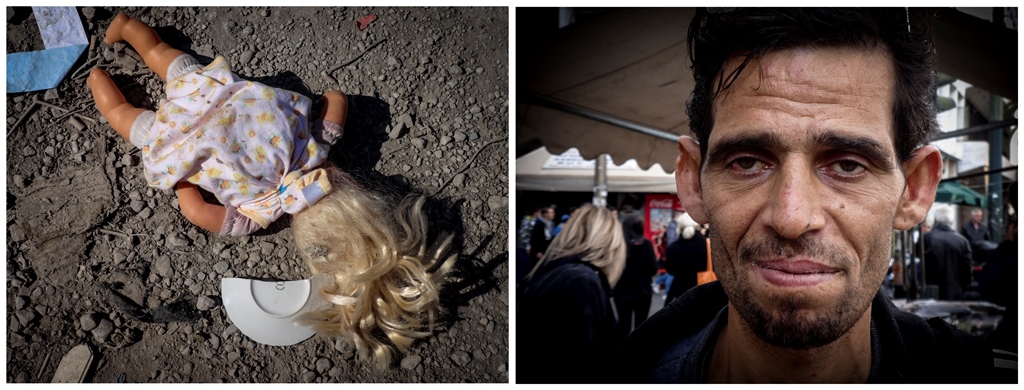 On the left: a broken doll on the street. Of the image on the right, the photographer, Matina Pashali, says: 