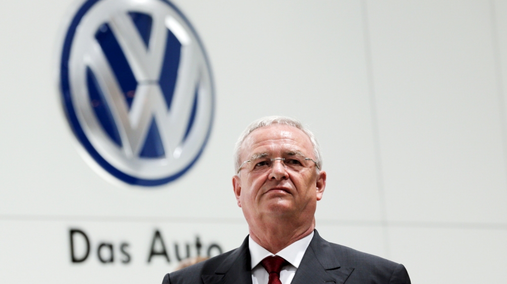 File picture shows Volkswagen Chief Executive Winterkorn standing at the Volkswagen booth at the world''s largest industrial technology fair, the Hannover Messe