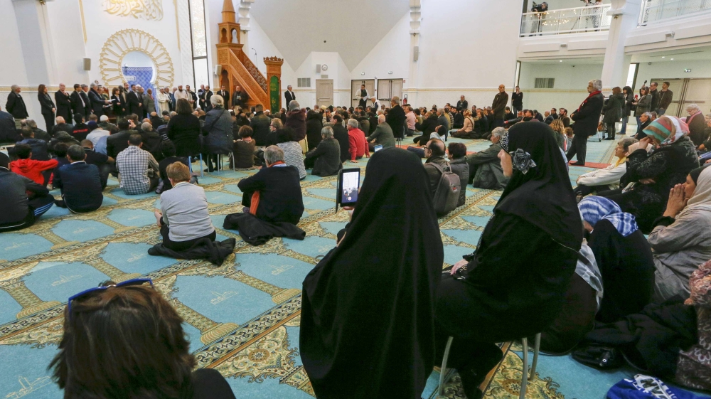 Several hundred people, Muslims and non-Muslims, gather to pray at the Grande Mosque in Lyon, France, November 15, 2015, for the victims of the series of shootings in Paris
