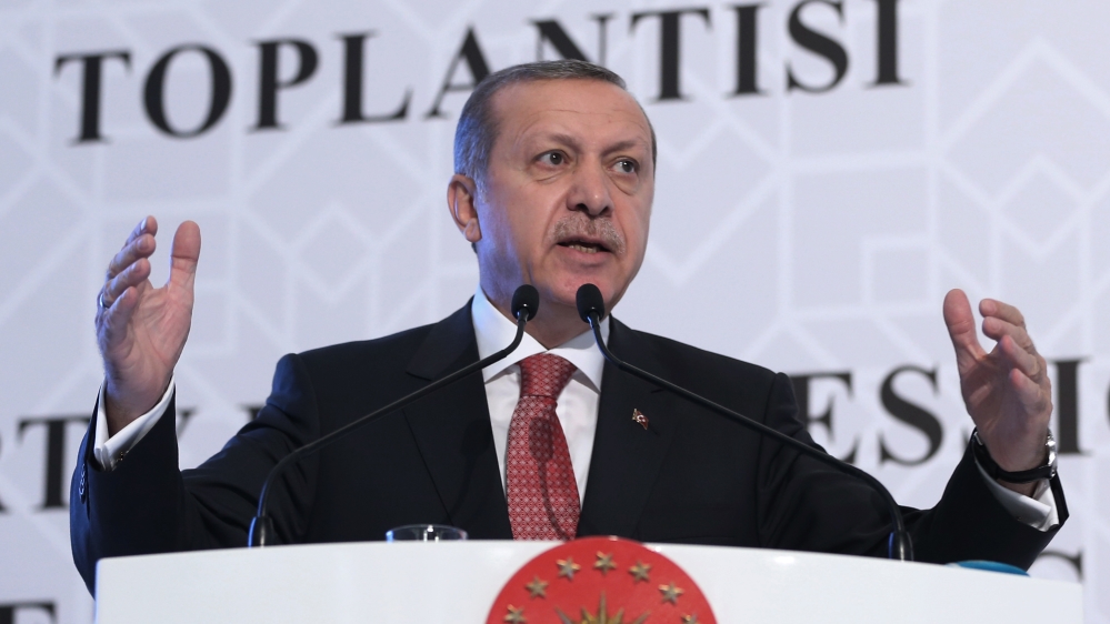 Erdogan speaking at the Organisation of Islamic Cooperation economy meeting in Istanbul on Wednesday [Murat Cetinmuhurdar/ AP Photo]