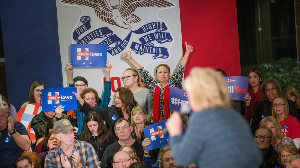 Democratic presidential candidate Hillary Clinton speaks to guests at a rally at Iowa Western Community College [Scott Olson/Getty Images] 
