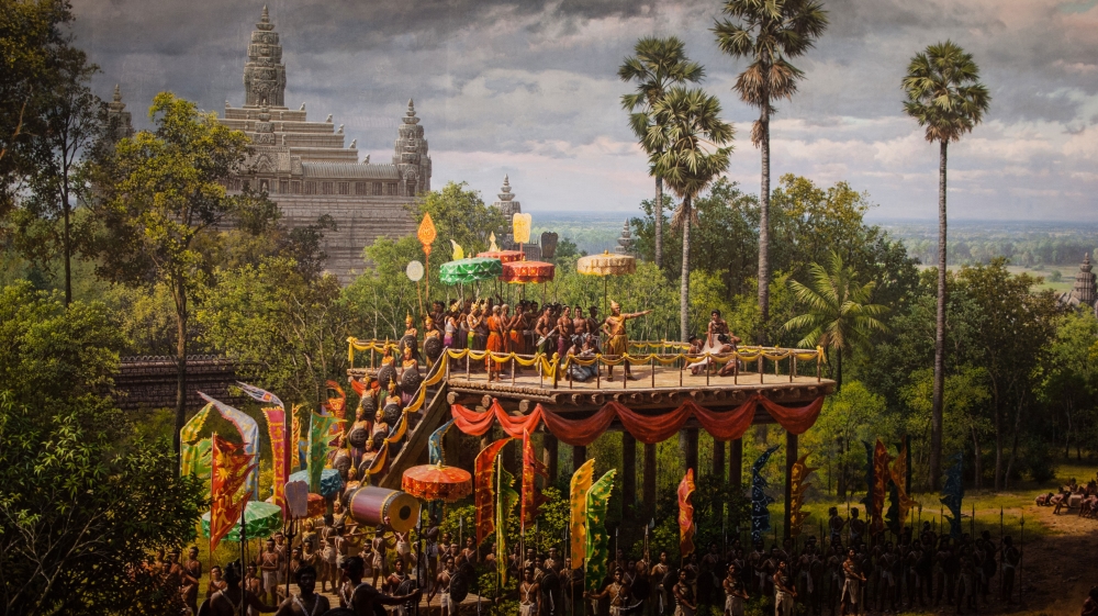 A detail of the 123m-wide painted panorama at the Angkor Panorama Museum, which shows scenes of life in ancient Angkorian times [Sebastian Strangio/Al Jazeera]