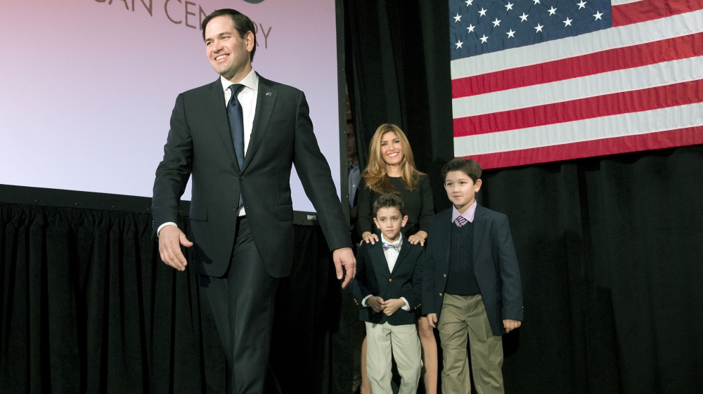 Republican presidential candidate, Florida Senator Marco Rubio, during an election-night rally [John Bazemore/AP]