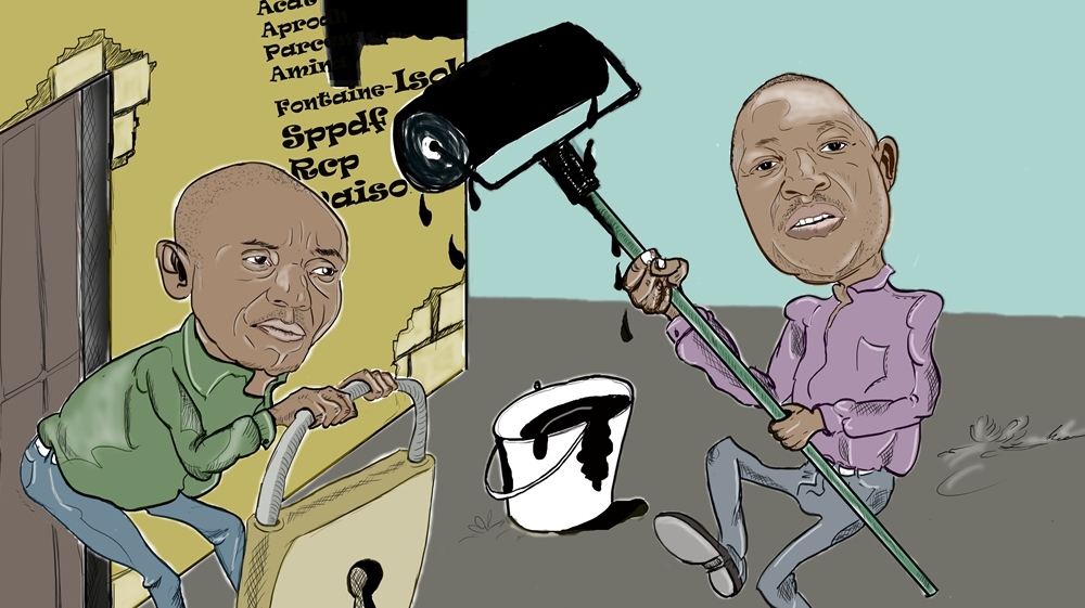 In November, Burundi's interior minister, Pascal Barandagiye, ordered the temporary suspension of the activities of 10 of the country's civil society groups, who had their bank accounts frozen by Attorney General Valentin Bagorikunda. The groups, many led by prominent individuals who have gone into exile, were accused of stoking violence in recent months. In Alif's cartoon, Bagorikunda, left, can be seen holding a symbolic lock, while Barandagiye is depicted painting over the names of the banned civil society groups [Courtesy of Iwacu]