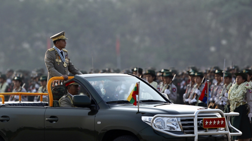 Myanmar''s commander-in-chief, General Min Aung Hlaing inspects officers during a parade to commemorate 71st Armed Forces Day in Naypyitaw, Myanmar