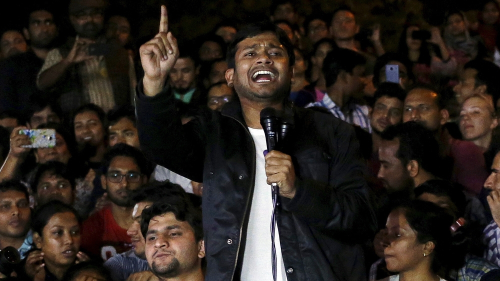 Jawaharlal Nehru University (JNU) student Kanhaiya Kumar addresses students inside the university campus after being released on bail from a Delhi prison in New Delhi