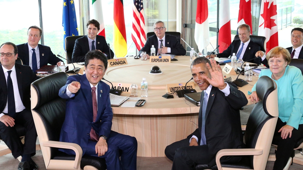 Participants of the G7 summit meetings attend session 2 meeting at the Shima Kanko Hotel in Shima, Mie Prefecture, Japan