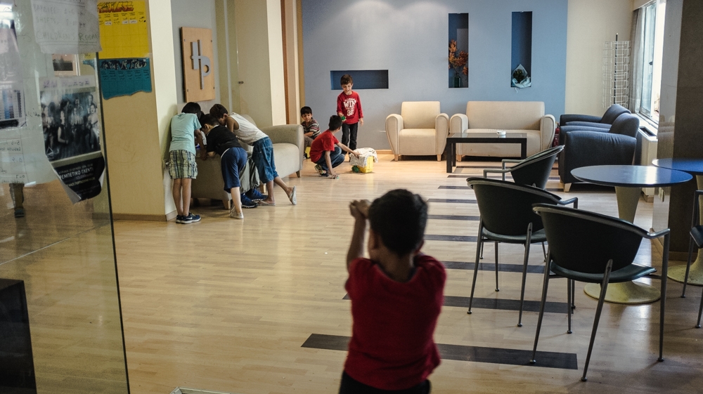 Nearly half of the residents in the City Plaza square are children [Nick Paleologos/SOOC/Al Jazeera] 