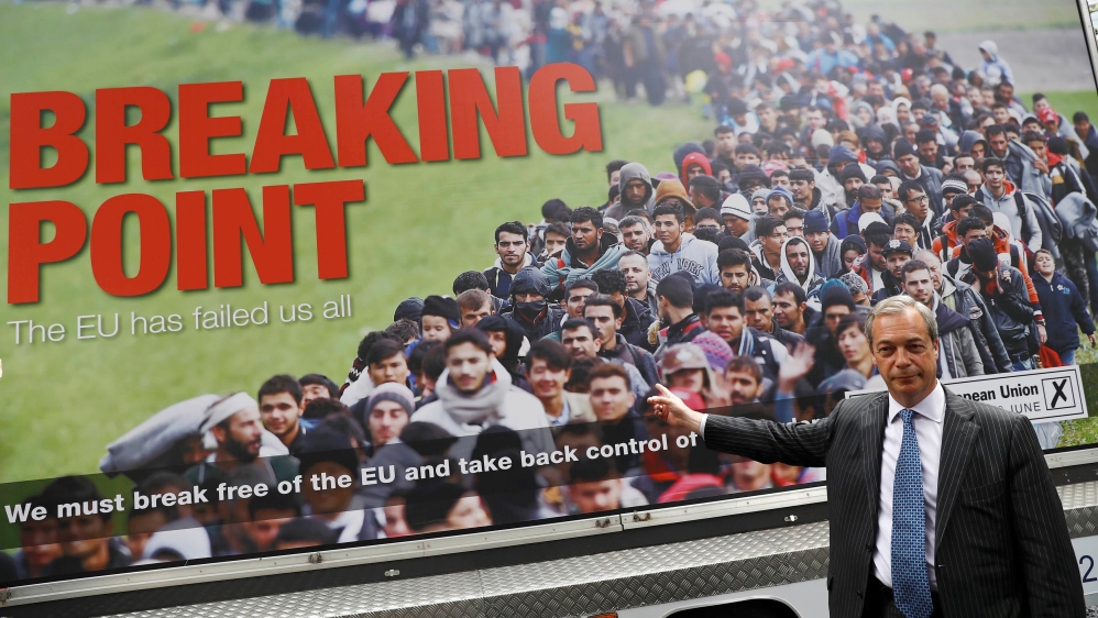 Leader of the United Kingdom Independence Party (UKIP) Nigel Farage poses during a media launch for a ‘Leave’ EU referendum poster in London, Britain, on June 16, 2016