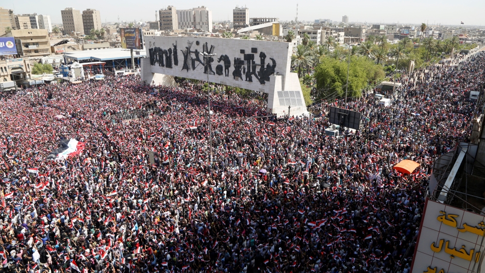 Supporters of Iraqi Shi''ite cleric Moqtada al-Sadr shout slogans during a protest against corruption at Tahrir Square in Baghdad