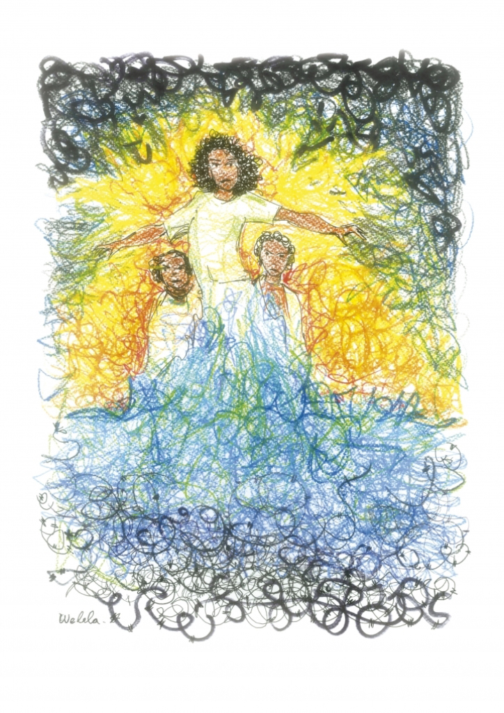  Welela, who died of her burns, is depicted as an angelic figure with fire behind her in a barbed-wire sea [Drawing by Francesco Piobbichi] 