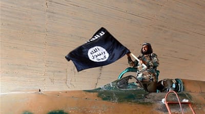 ISIL fighter standing on captured government fighter jet in Raqqa, Syria [Getty]