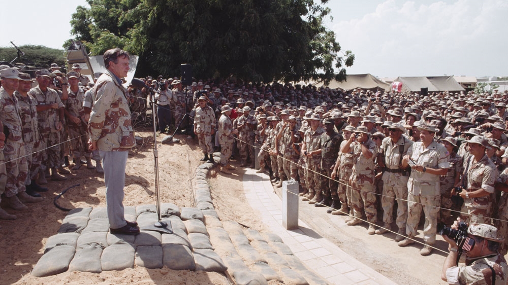 American President George Bush visits US soldiers in Somalia [Larry Downing/Sygma/Sygma via Getty Images]