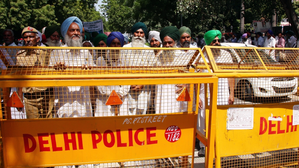 Indian Sikh community farmers gather to participate in a