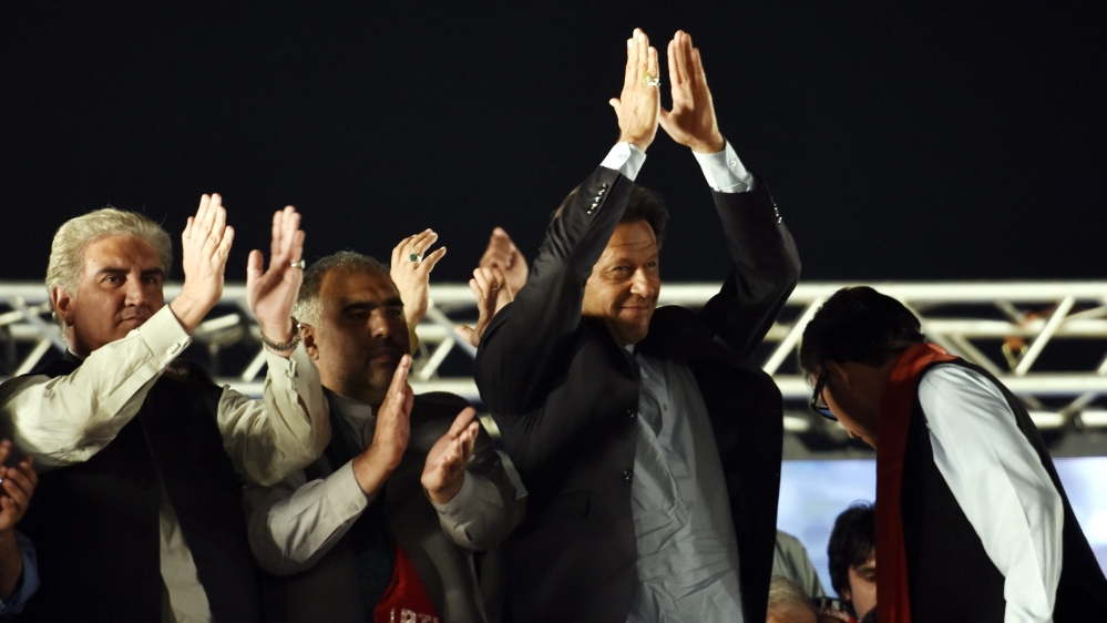 Khan held a 'celebratory' rally, after a Supreme Court decision to pursue a case linked to Sharif [EPA]