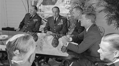 JFK meets with his defence chiefs, left to right: General George Decker, General Lyman Lemnitzer, Vice President Lyndon Johnson, and Robert McNamara [Bettmann/Getty Images] 