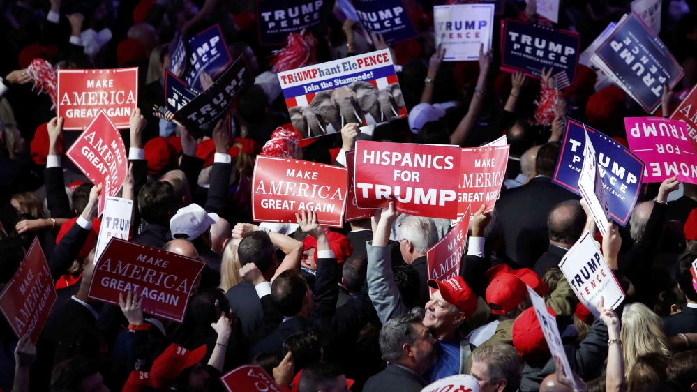Trump supporters celebrate as election results come in ahead of the rally for Republican U.S. presidential nominee Donald Trump in New York City