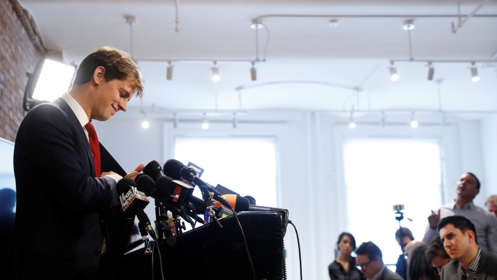 Milo Yiannopoulos addresses the media during a news conference in New York