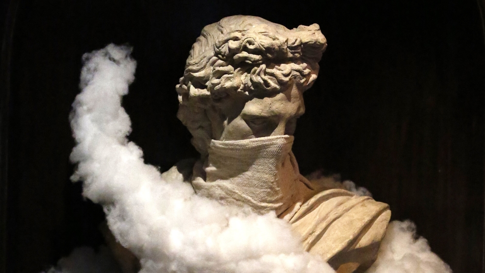 The bust of a Hellenised Palestinian youth, a clear take on Michelangelo's classic statue David, inverts the classic Western underdog master-narrative, writes Khader [Abed Al Hashlamoun/EPA]