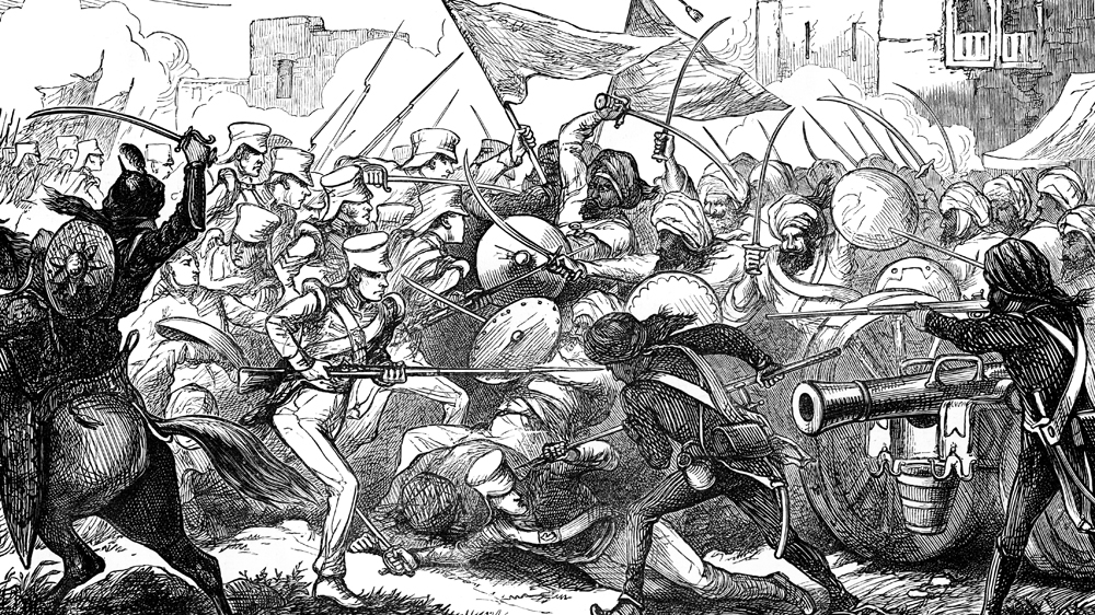 The Battle at Gujerat, 19th century, a scene from the imperialist period, showing British and Indian troops fighting. Illustration from The Life & Times of Queen Victoria, Vol II, by Robert Wilson, [The Print Collector/Getty Images]