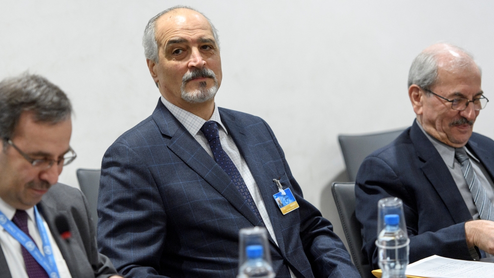Syrian chief negotiator Bashar al-Jaafar attends a meeting in Geneva