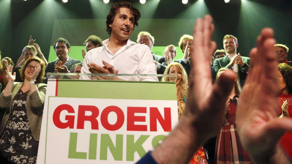 Dutch Green Party leader Jesse Klaver appears before supporters in Amsterdam