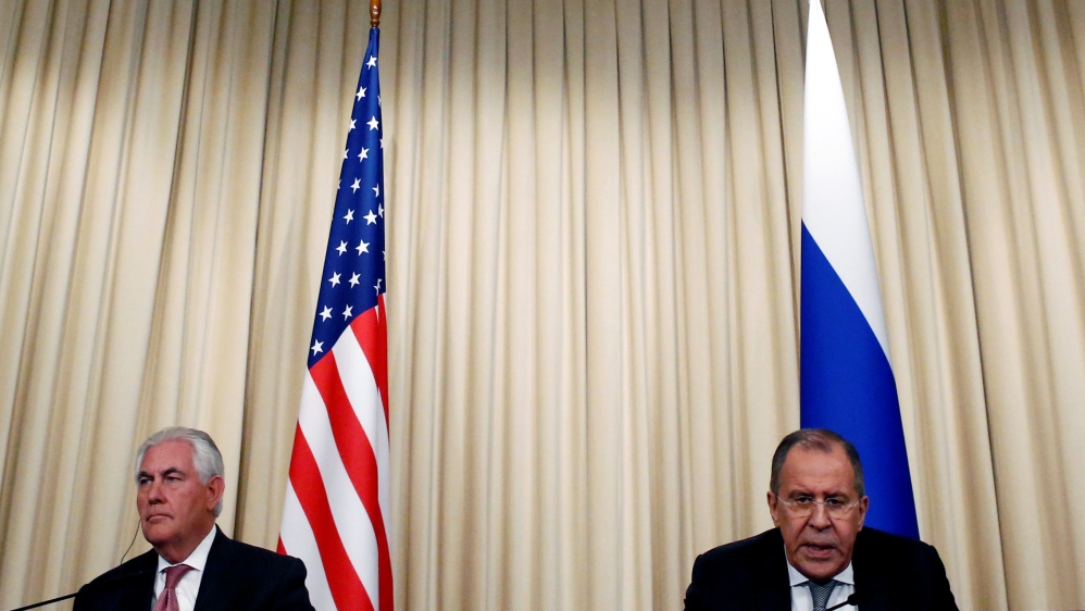 Russian Foreign Minister Sergei Lavrov and U.S. Secretary of State Rex Tillerson attend a news conference following their talks in Moscow