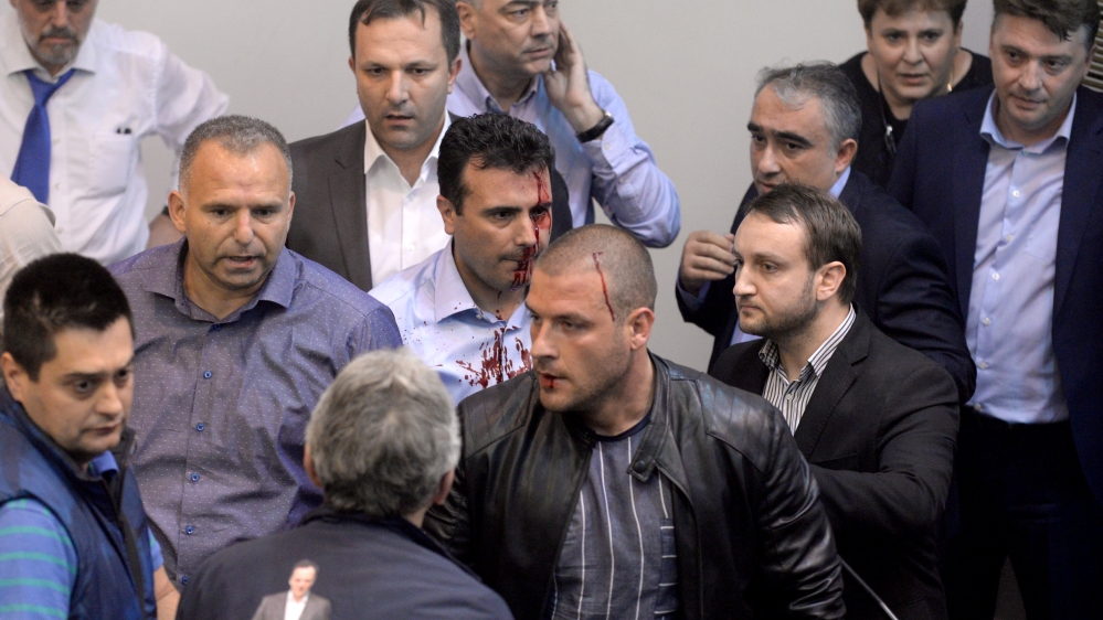 Protestors get in the Parliament after Social Democratic Union of Macedonia with Albanian parties have elected new President of the Parliament Talat Dzaferi