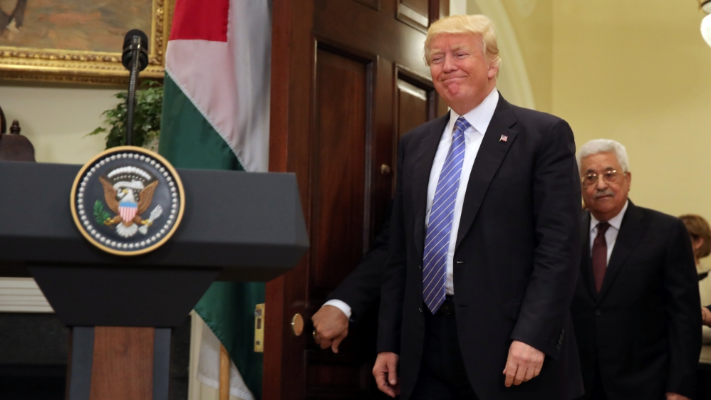 U.S. President Donald Trump and Palestinian President Mahmoud Abbas arrive to deliver a statement at the White House in Washington D.C., U.S.