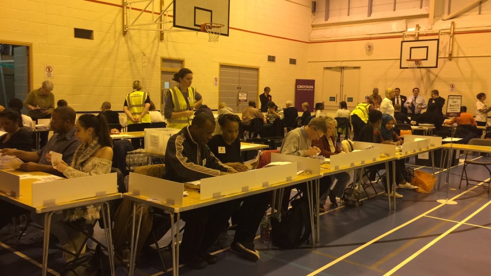 The count for Croydon Central - one of the tightest marginals. Tories beat Labour here by 165 votes in 2015 [Shafik Mandhai/Al Jazeera]