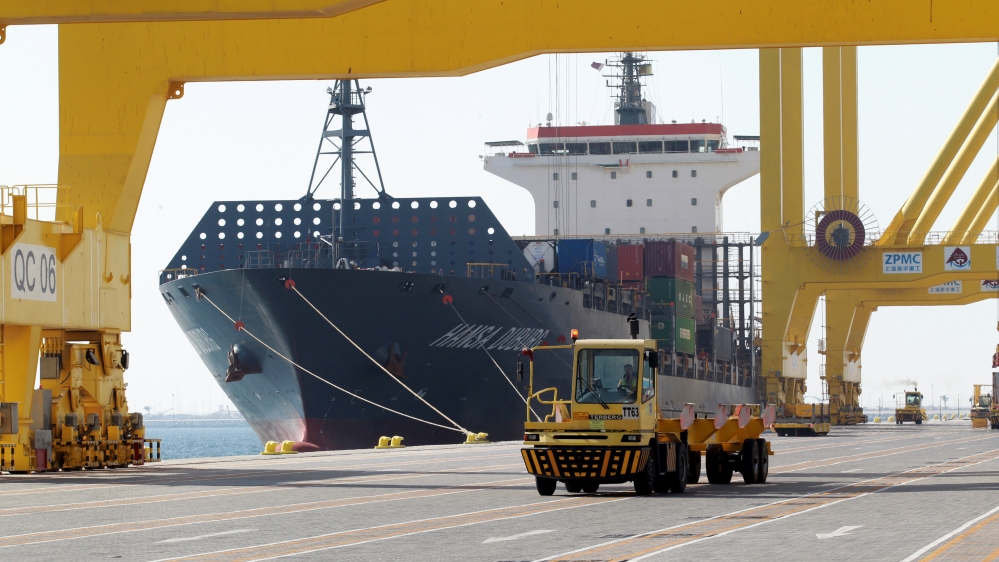 A ship decks at Hamad port in Doha