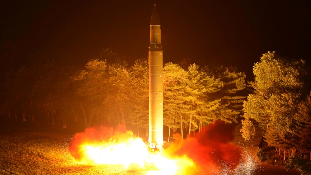 Intercontinental ballistic missile (ICBM) Hwasong-14 is pictured during its second test-fire