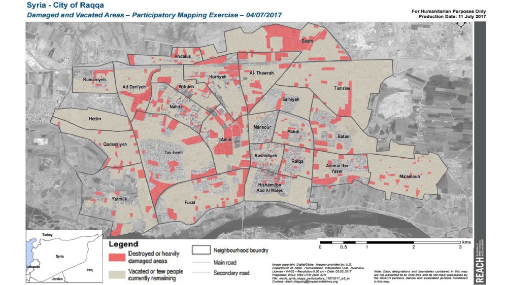 A map showing damaged and destroyed areas of Raqqa released by the REACH initiative on July 11 [REACH 2017] 
