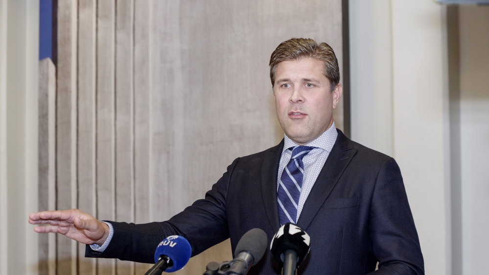 Iceland''s Prime Minister Benediktsson speaks during a press conference in Reykjavik