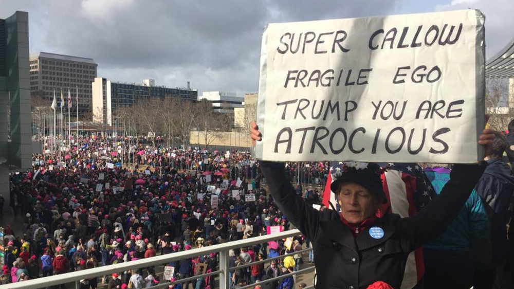 Occupational health lawyer Amanda Hawes at the San Jose's Women's March on January 21 [Photo courtesy of Mercury News]