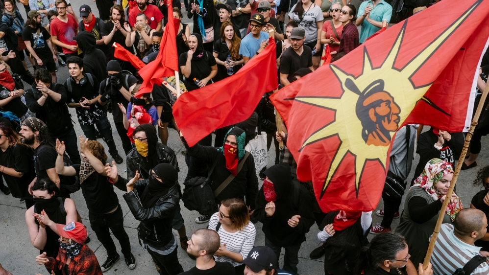 Counter-protesters outnumbered supporters of La Meute at a rally organised by the far-right group in Quebec City in August [Renaud Philippe/Reuters]