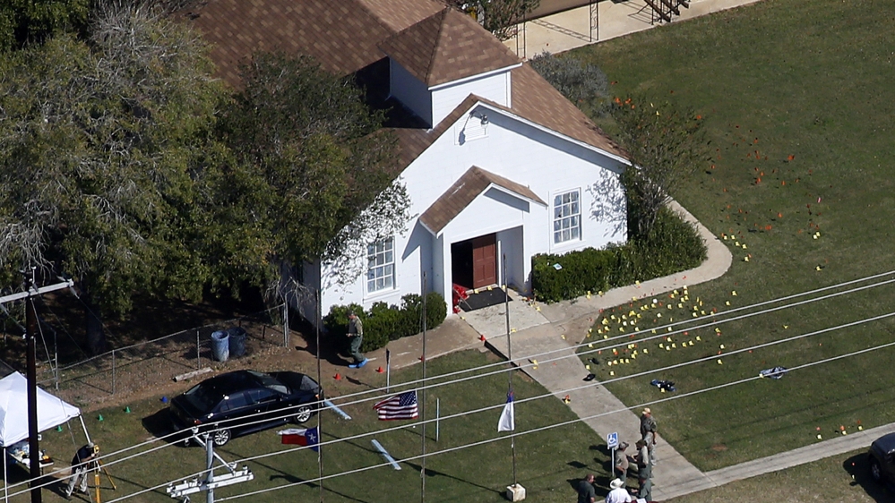 An aerial photo showing the site of a mass shooting at the First Baptist Church of Sutherland Springs,