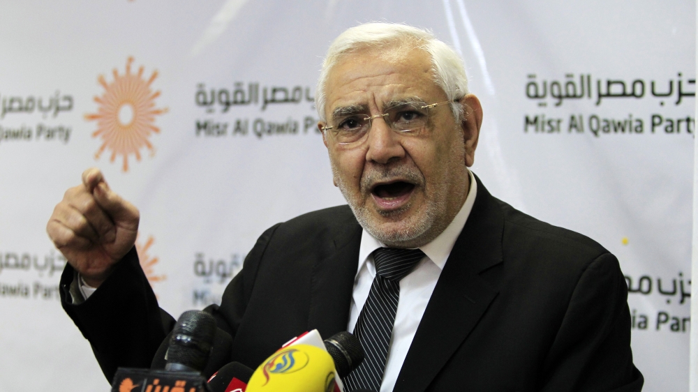 Chairman of the Masr El Kaweya (Strong Egypt) party, Abdel Moneim Aboul Fotouh, speaks during a news conference in Cairo